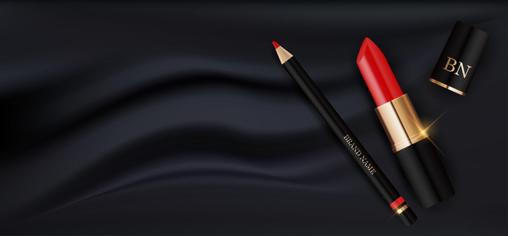 Batom vermelho realista 3D e lápis no modelo de design de seda preta de produtos cosméticos de moda para anúncios, panfleto, banner ou fundo de revista. ilustração vetorial vetor