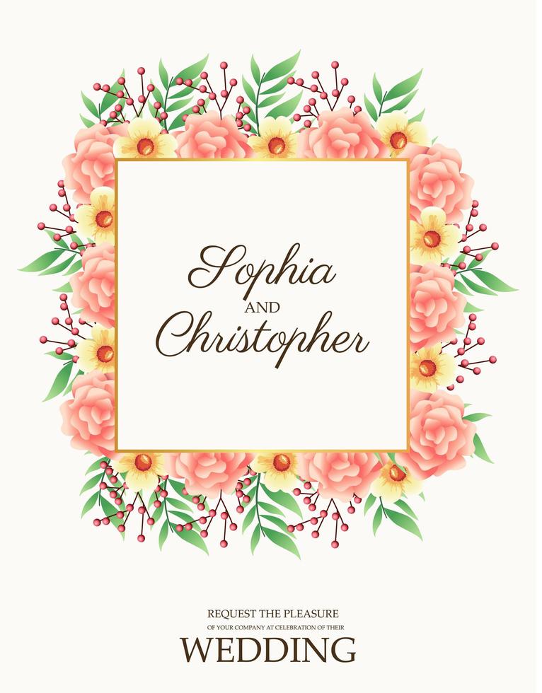 cartão de convite de casamento com flores rosa e moldura quadrada vetor