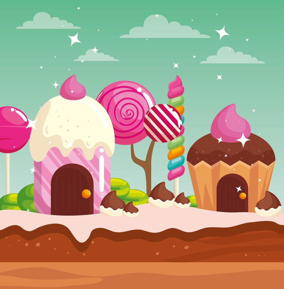 terra doce com casas cupcake e caramelos vetor