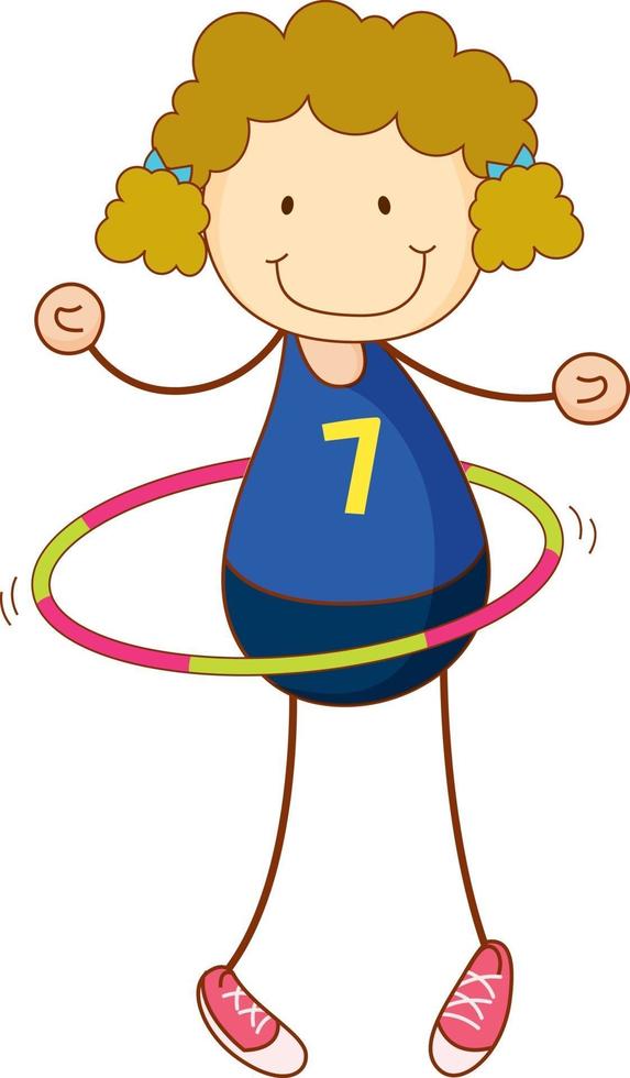 linda garota brincando de hula hoop personagem de desenho animado na mão desenhada estilo doodle isolado vetor