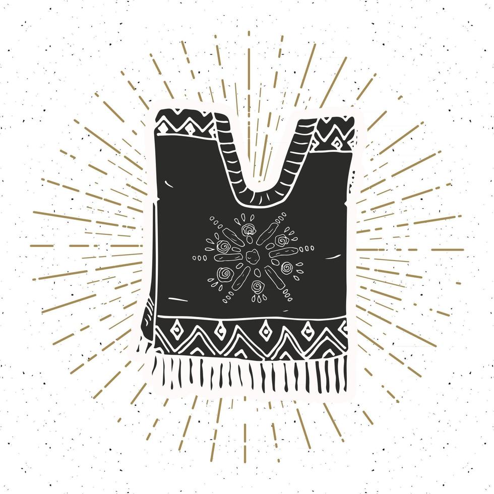 rótulo vintage, esboço de roupas tradicionais mexicanas de poncho desenhado à mão, distintivo retrô texturizado grunge, design de emblema, impressão de t-shirt de tipografia, ilustração vetorial vetor