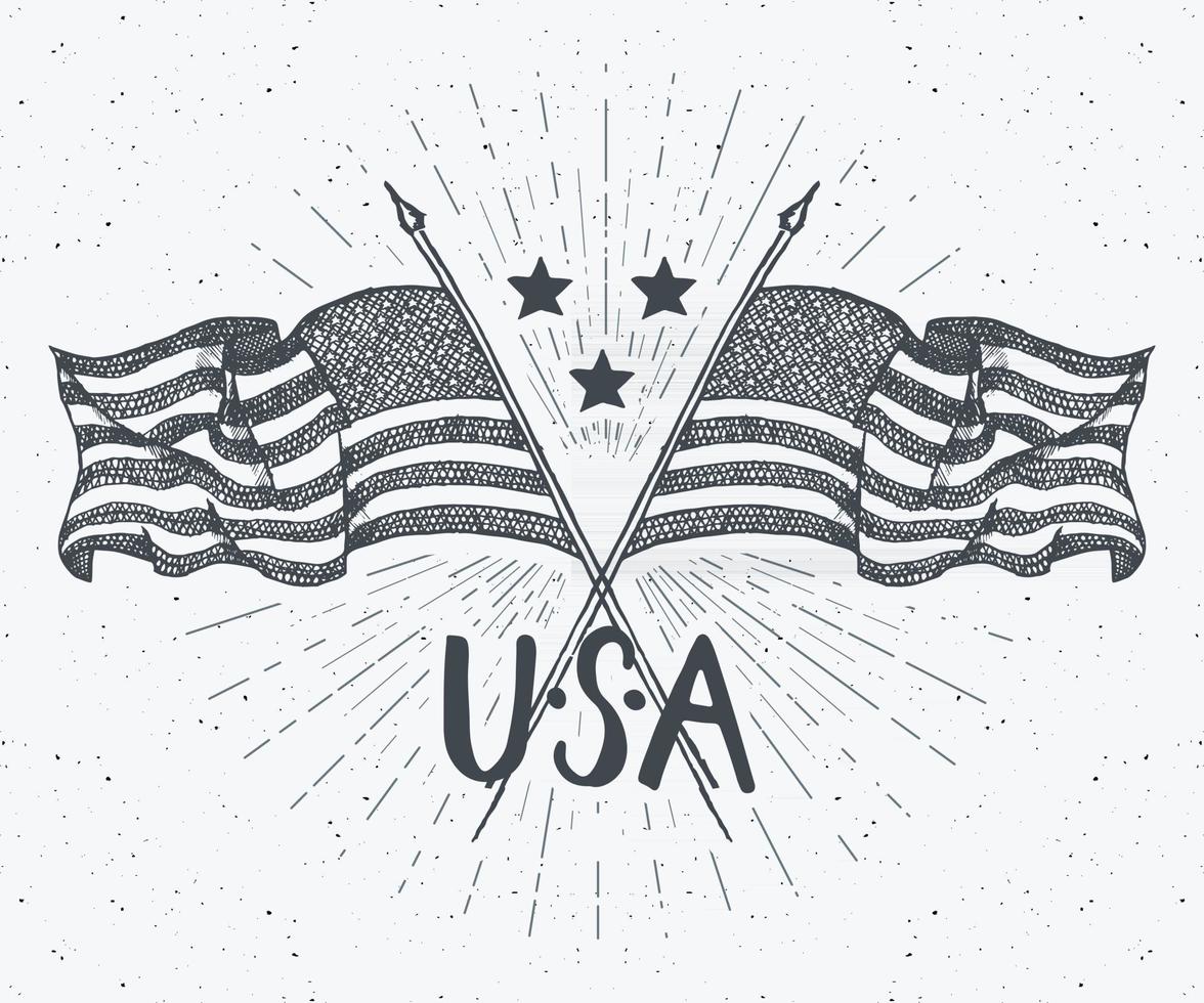 etiqueta vintage, desenhado à mão cruzou bandeiras dos EUA, feliz dia da independência, celebração do quarto de julho, cartão comemorativo, distintivo retro texturizado grunge, ilustração em vetor tipografia