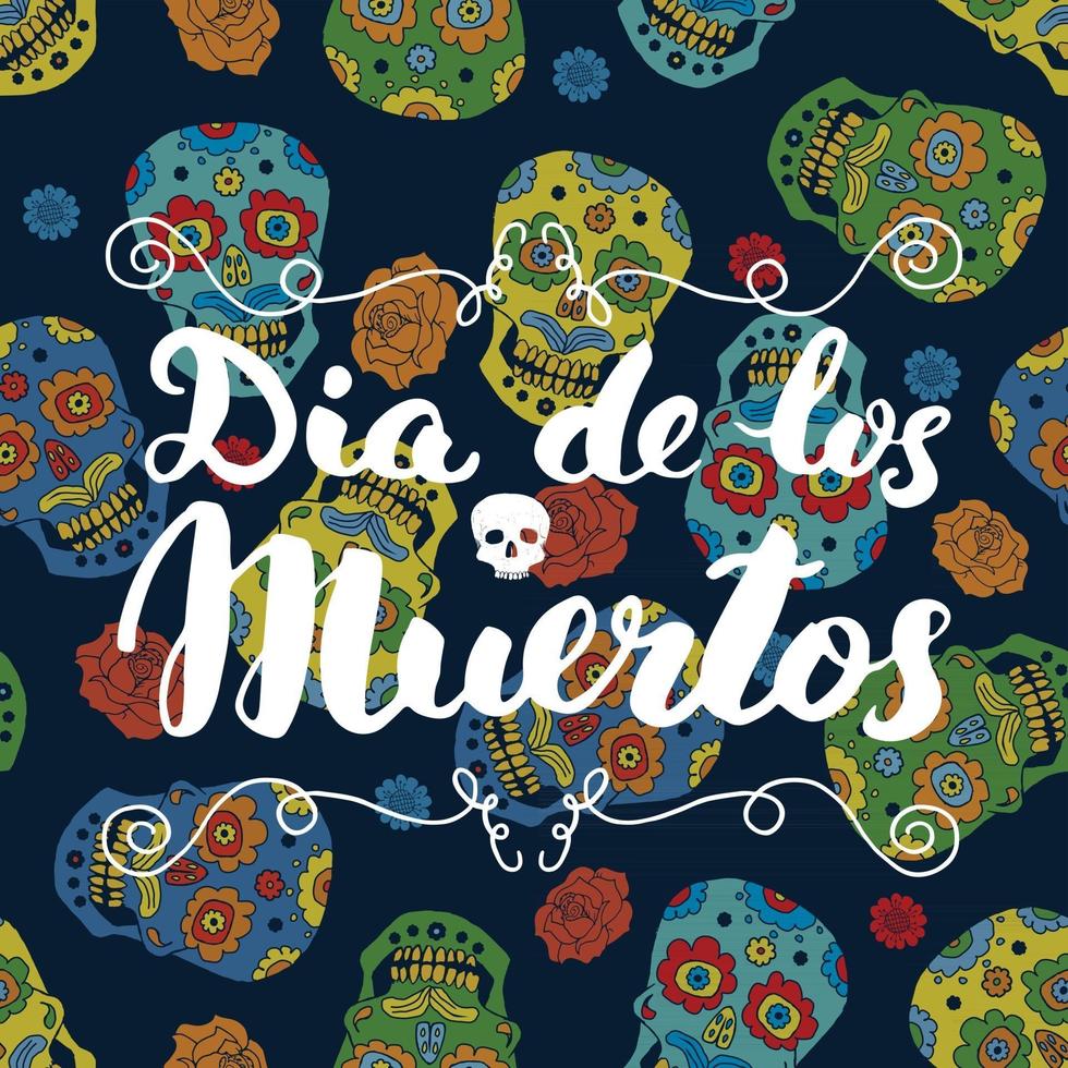 dia dos mortos, citação de letras com caveira e rosas desenhadas à mão, rótulo vintage, design de tipografia ou impressão de t-shirt, ilustração vetorial vetor