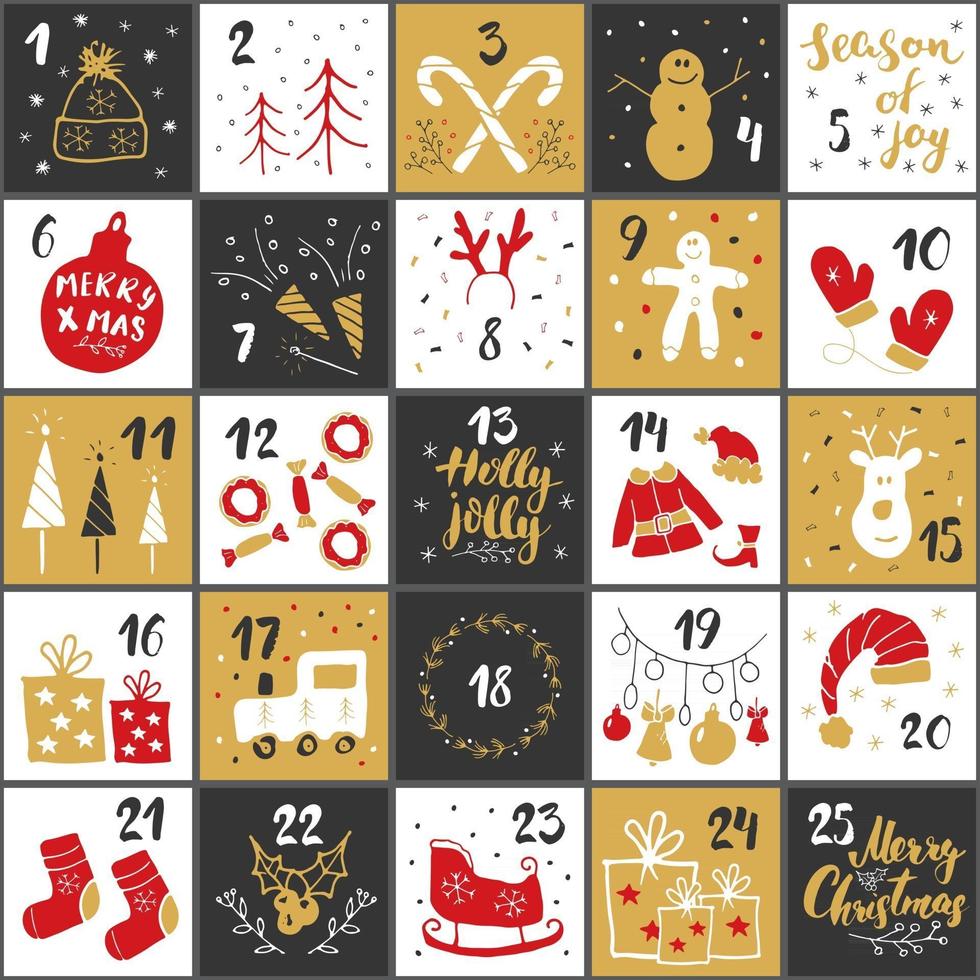 calendário do advento do Natal. elementos e números desenhados à mão. cenografia de cartões de calendário de feriados de inverno, ilustração vetorial vetor