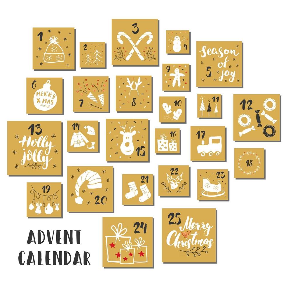 calendário do advento do Natal. elementos e números desenhados à mão. cenografia de cartões de calendário de feriados de inverno, ilustração vetorial vetor