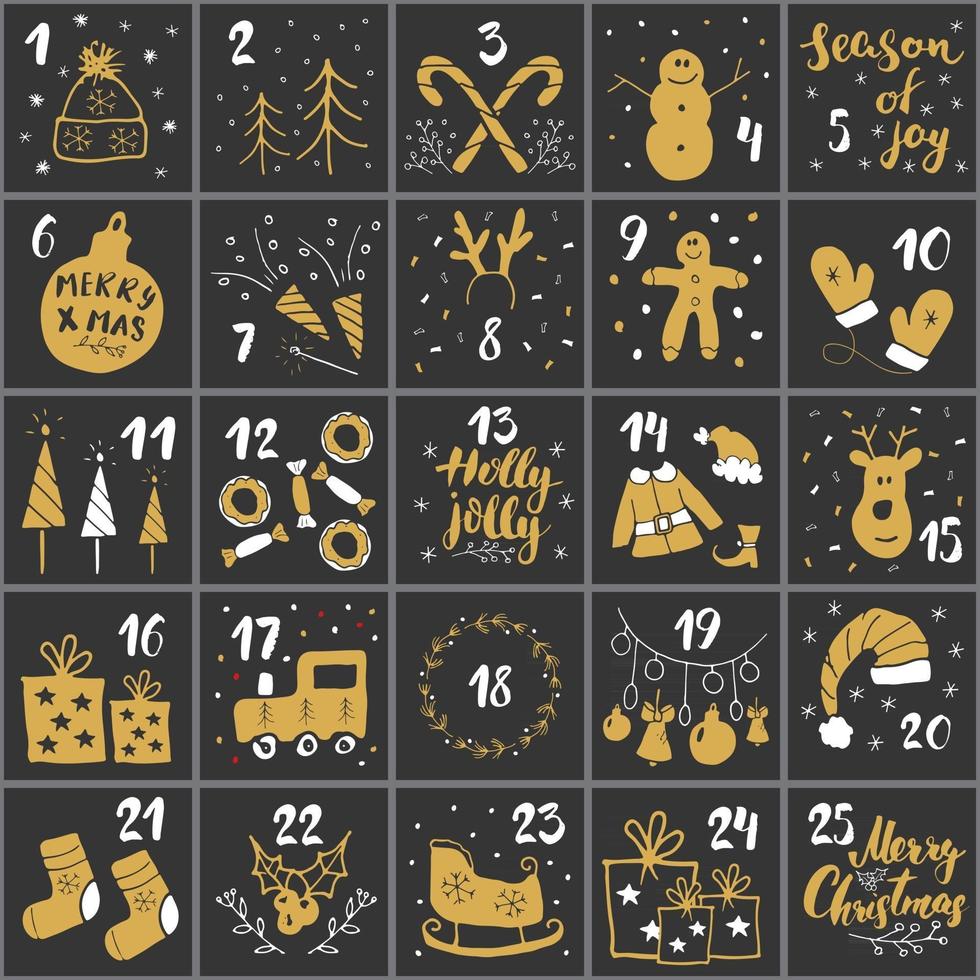 calendário do advento do Natal. elementos e números desenhados à mão. cenografia de cartões de calendário de feriados de inverno, ilustração vetorial vetor