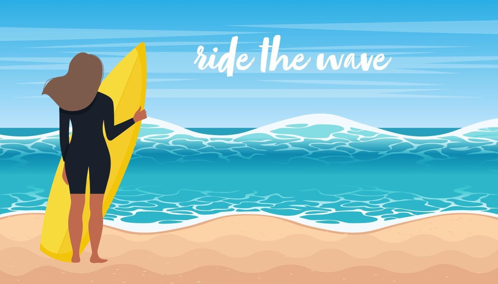 mulher em fato de surf surfar as ondas. atividade esportiva com pranchas de surf no mar ou oceano. ilustração em vetor plana dos desenhos animados.