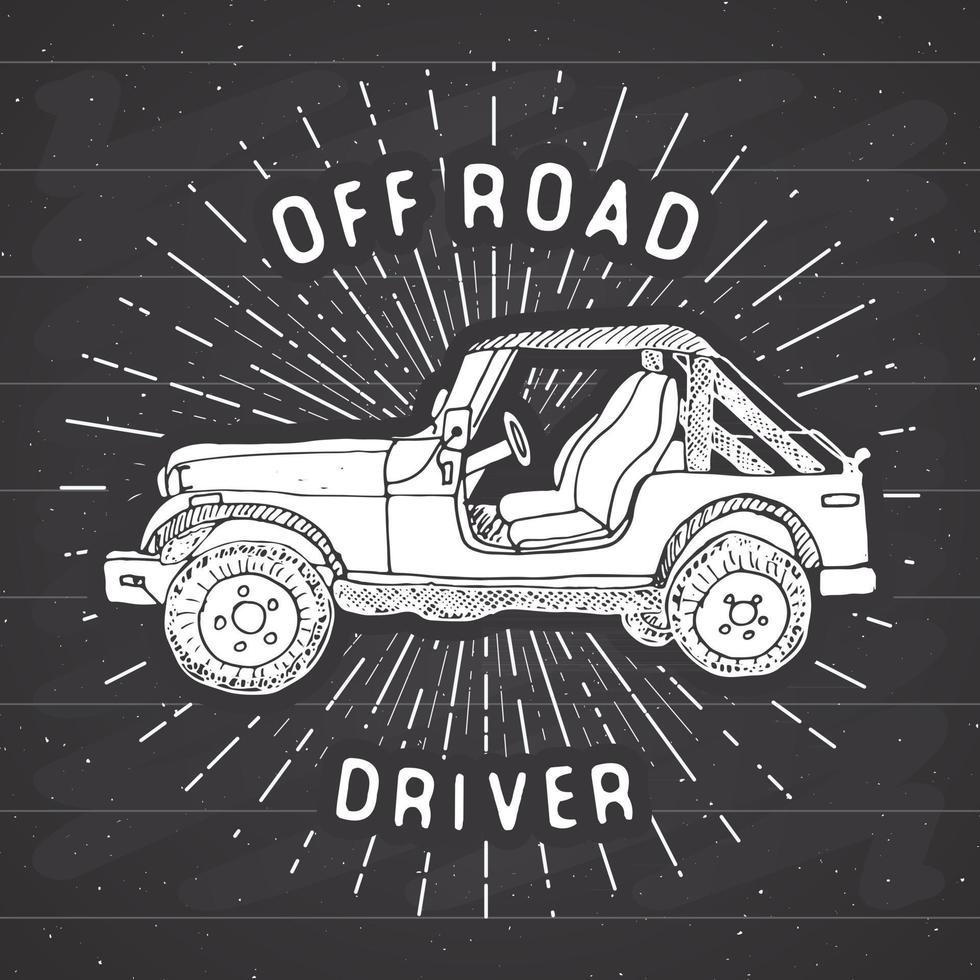 carro suv offroad, etiqueta vintage, esboço desenhado à mão, distintivo retro texturizado grunge, impressão de t-shirt de design de tipografia, ilustração vetorial vetor