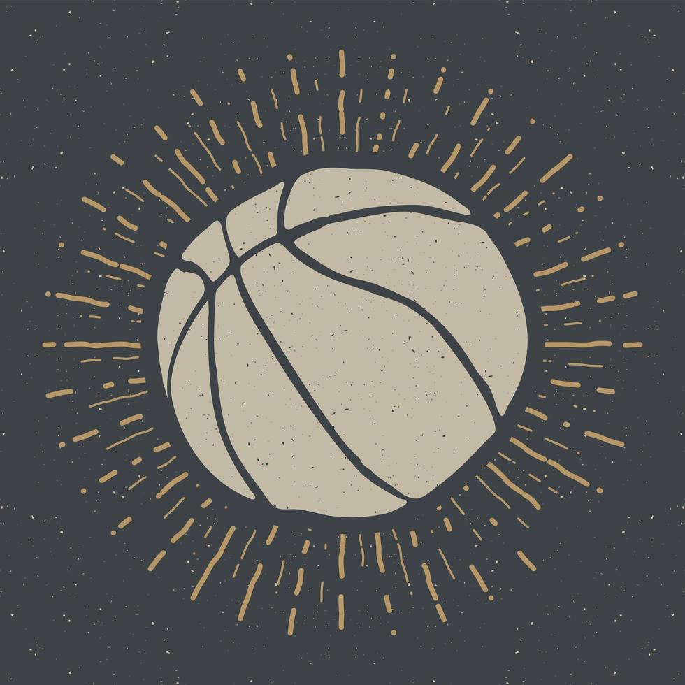rótulo vintage, esboço de bola de basquete desenhado à mão, distintivo retrô texturizado grunge, impressão de camiseta com design de tipografia, ilustração vetorial vetor