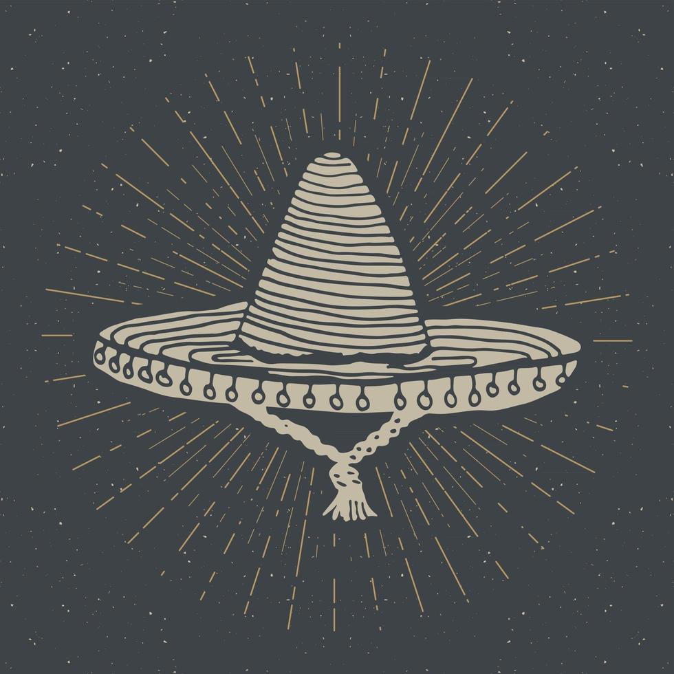 etiqueta vintage, desenho de chapéu tradicional mexicano sombrero desenhado à mão, distintivo retro texturizado grunge, design de emblema, impressão de t-shirt tipografia, ilustração vetorial vetor