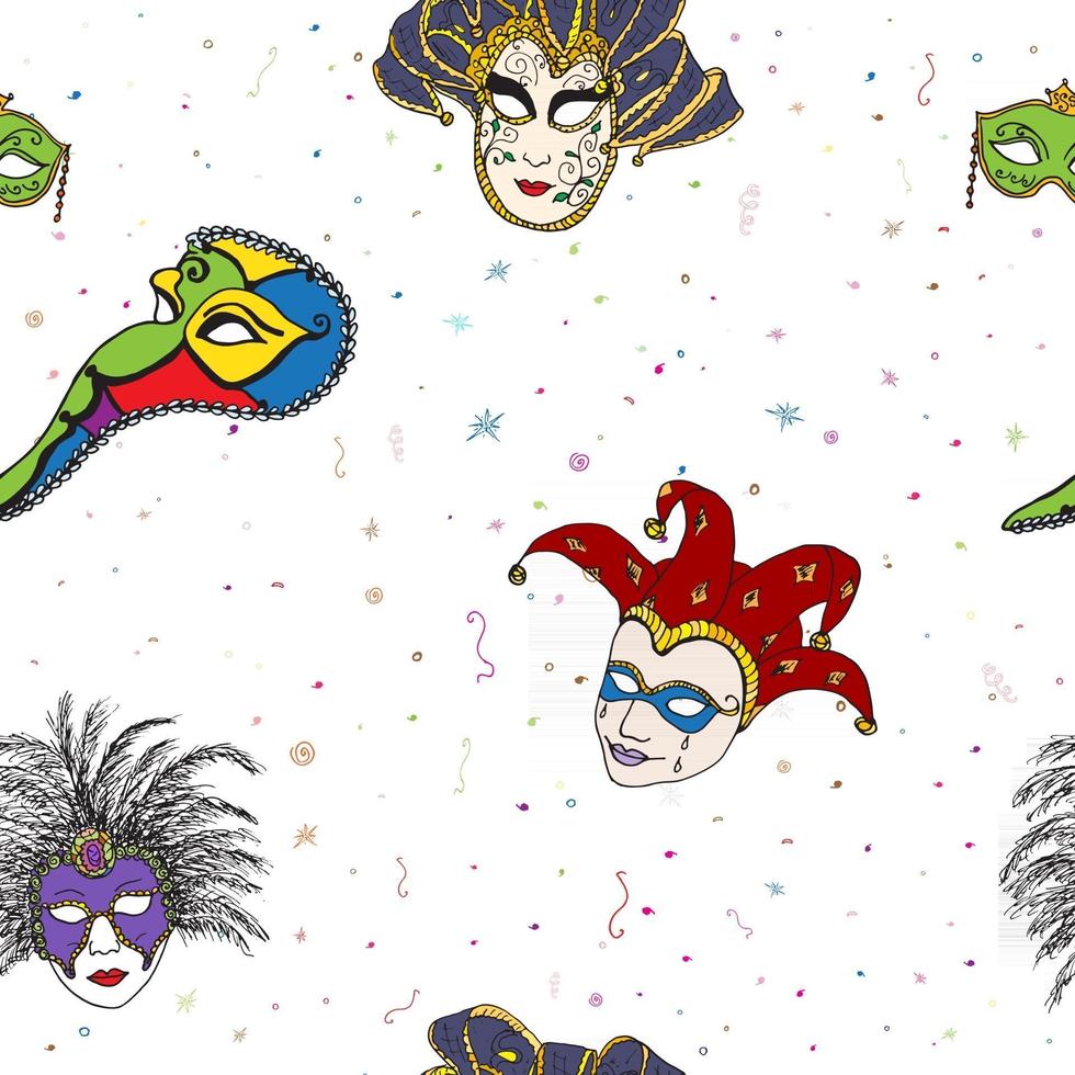 carnaval de Veneza Itália máscaras padrão sem emenda. esboço desenhado de mão festival veneziano italiano. fundo do desenho do doodle. vetor