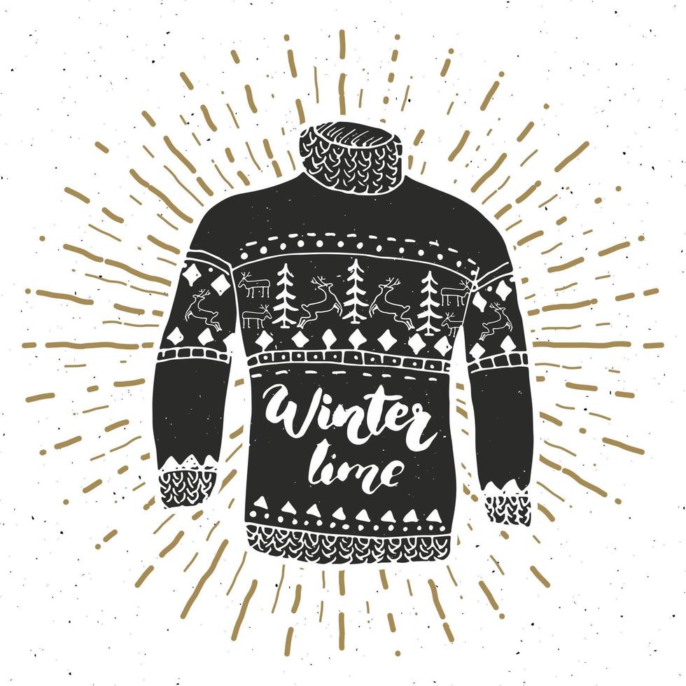 rótulo vintage, grunge texturizado desenhado à mão retrô distintivo ou t-shirt tipografia design com camisola raindeer e letras ilustração vetorial de tempo de inverno. vetor