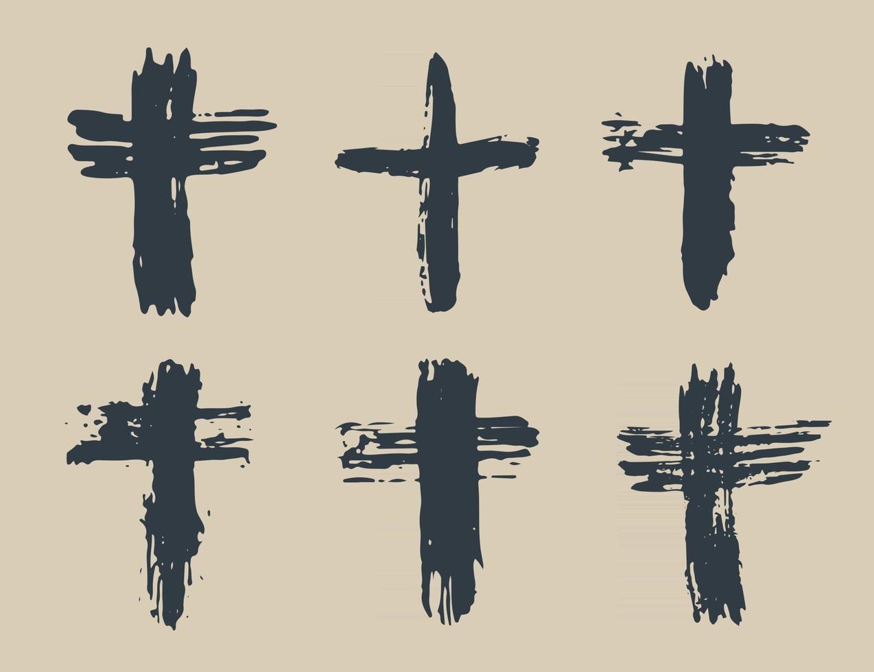 grunge desenhado à mão conjunto de símbolos cruzados. cruzes cristãs, ícones de sinais religiosos, ilustração em vetor símbolo crucifixo.