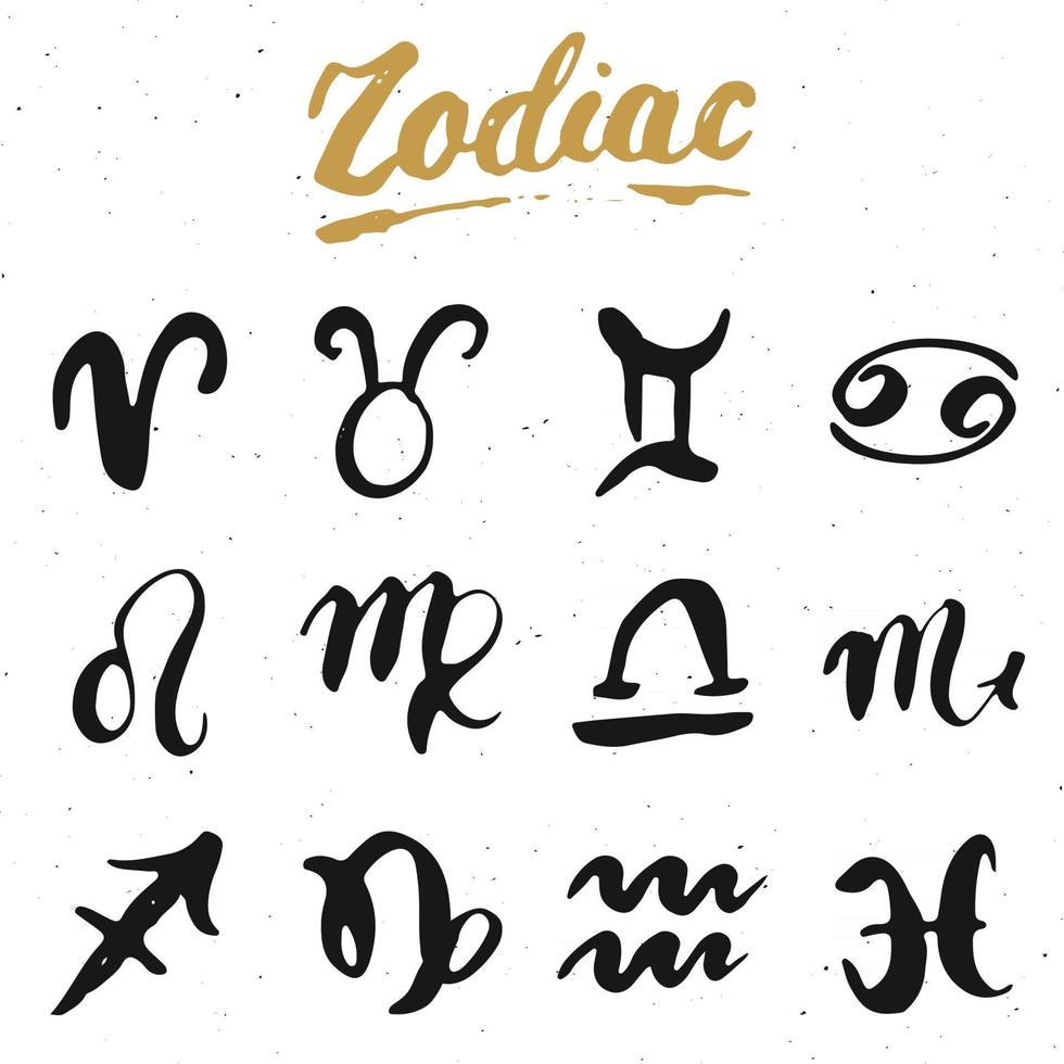 Conjunto de signos do Zodíaco e inscrições. símbolos de astrologia horóscopo desenhado à mão, design texturizado de grunge, impressão de tipografia, ilustração vetorial vetor