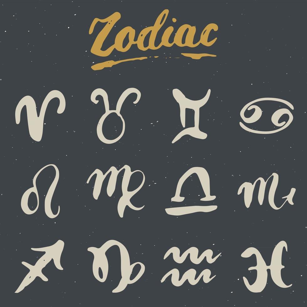 Conjunto de signos do Zodíaco e inscrições. símbolos de astrologia horóscopo desenhado à mão, design texturizado de grunge, impressão de tipografia, ilustração vetorial vetor