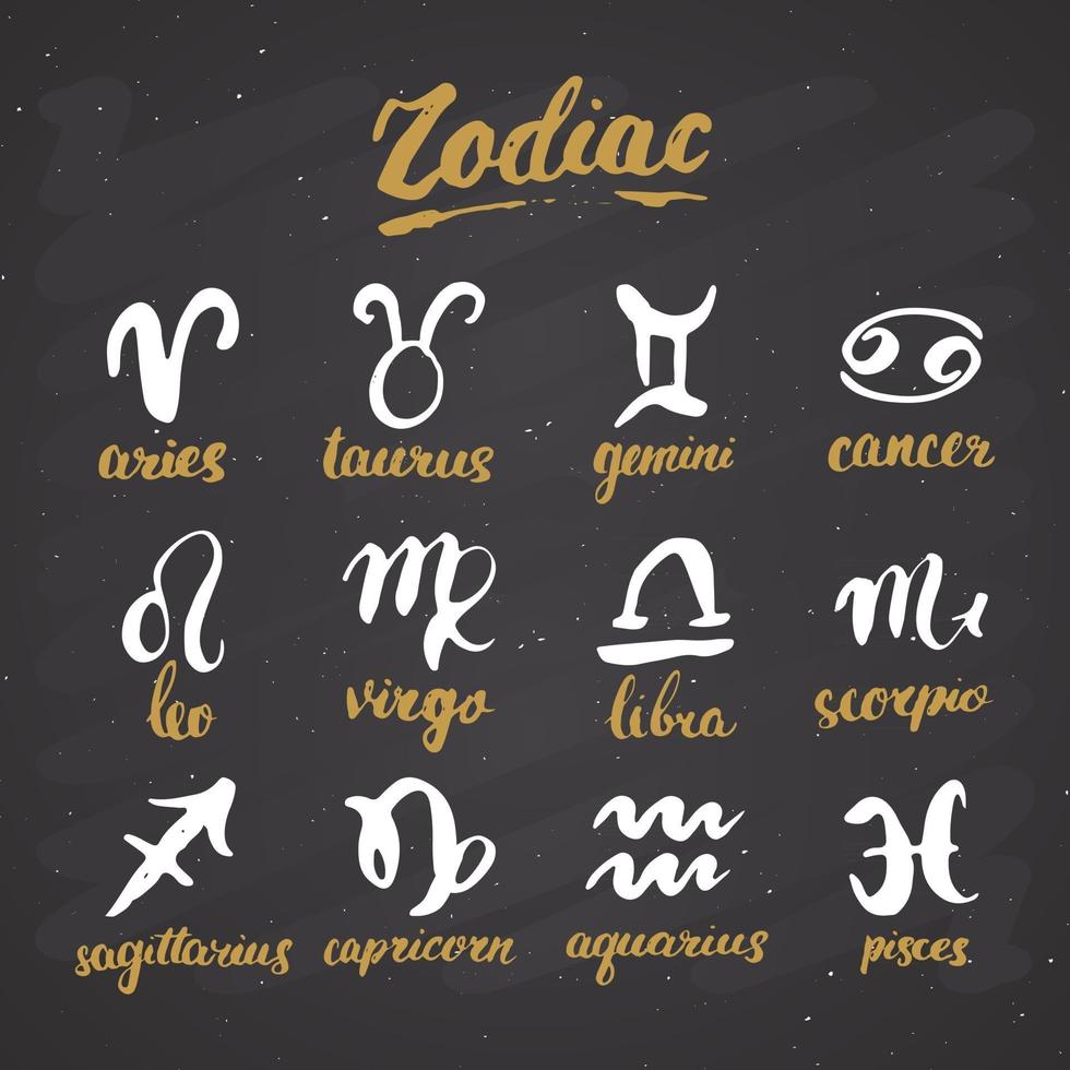 Conjunto de signos do Zodíaco e inscrições. símbolos de astrologia horóscopo desenhado à mão, design texturizado de grunge, impressão de tipografia, ilustração vetorial vetor