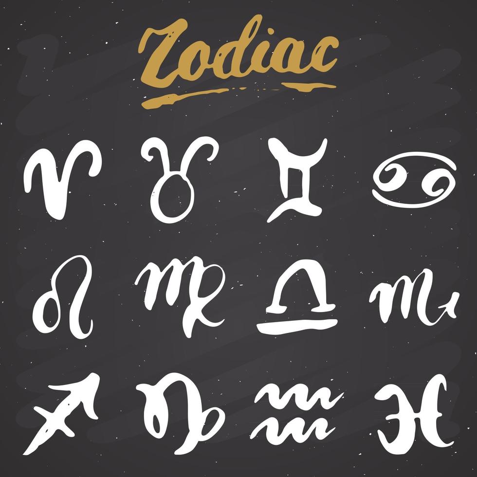 Conjunto de signos do Zodíaco e inscrições. símbolos de astrologia horóscopo desenhado à mão, design texturizado de grunge, impressão de tipografia, ilustração vetorial vetor