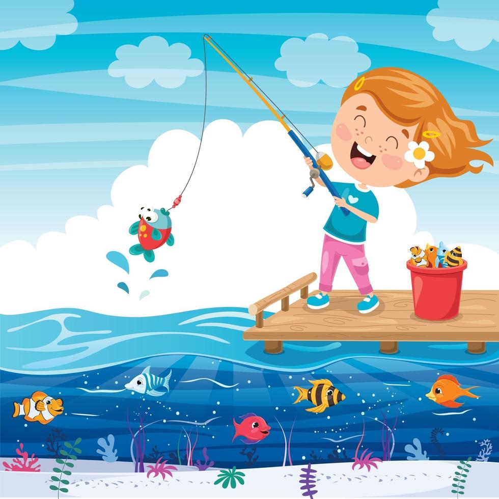 criança feliz pescando no cais vetor