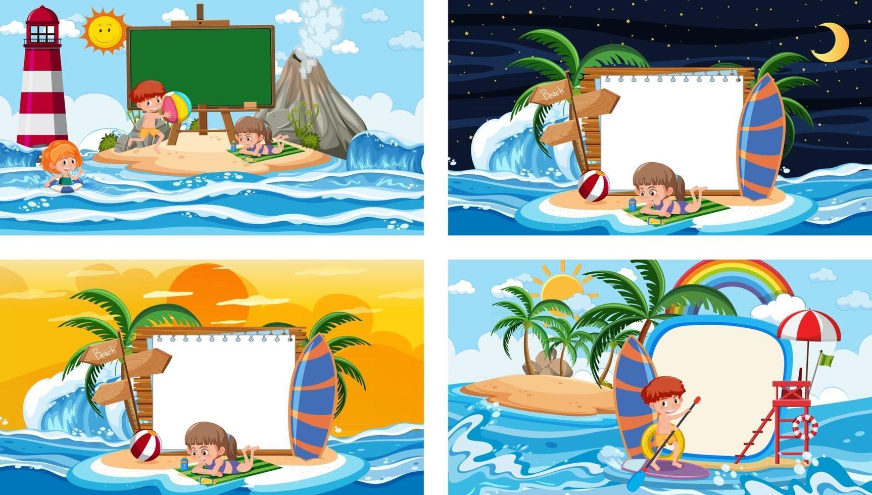 conjunto de diferentes cenas de praia tropical com banner em branco vetor