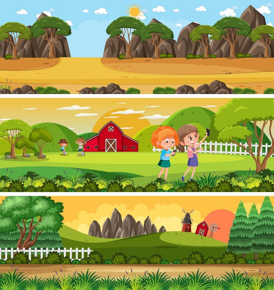 paisagem de natureza diferente em cena diurna com personagem de desenho animado vetor