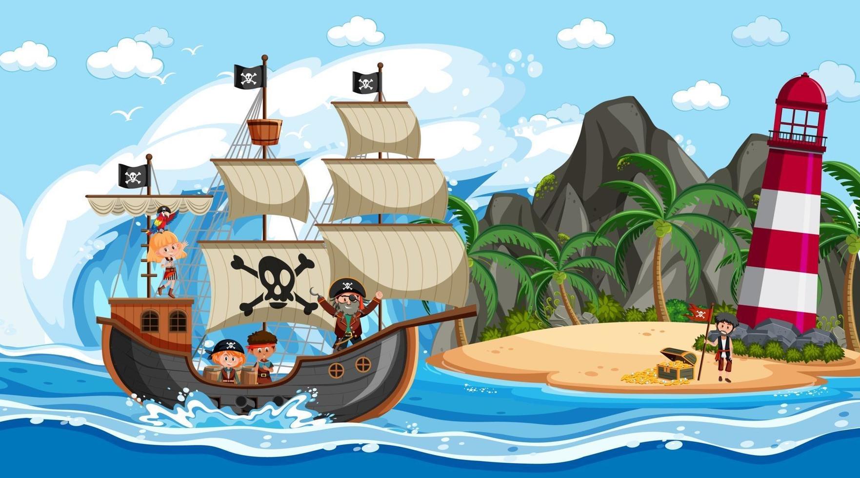 praia durante o dia com o personagem de desenho animado de crianças piratas no navio vetor