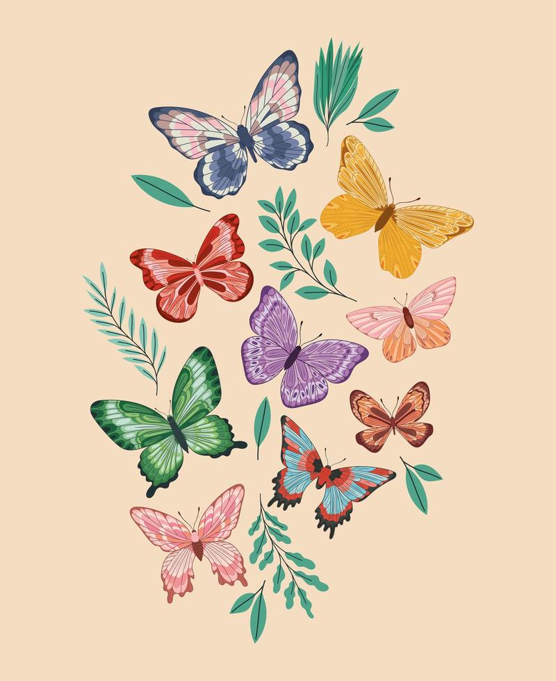plantas e borboletas vetor