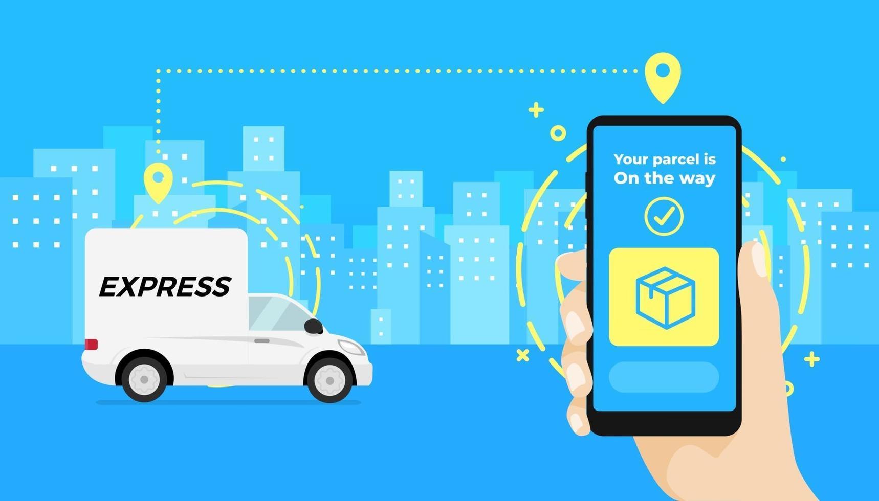 aplicativo de serviço de entrega rápida no smartphone. mão segurando um smartphone e verificando o status do carro de entrega de encomendas. vetor