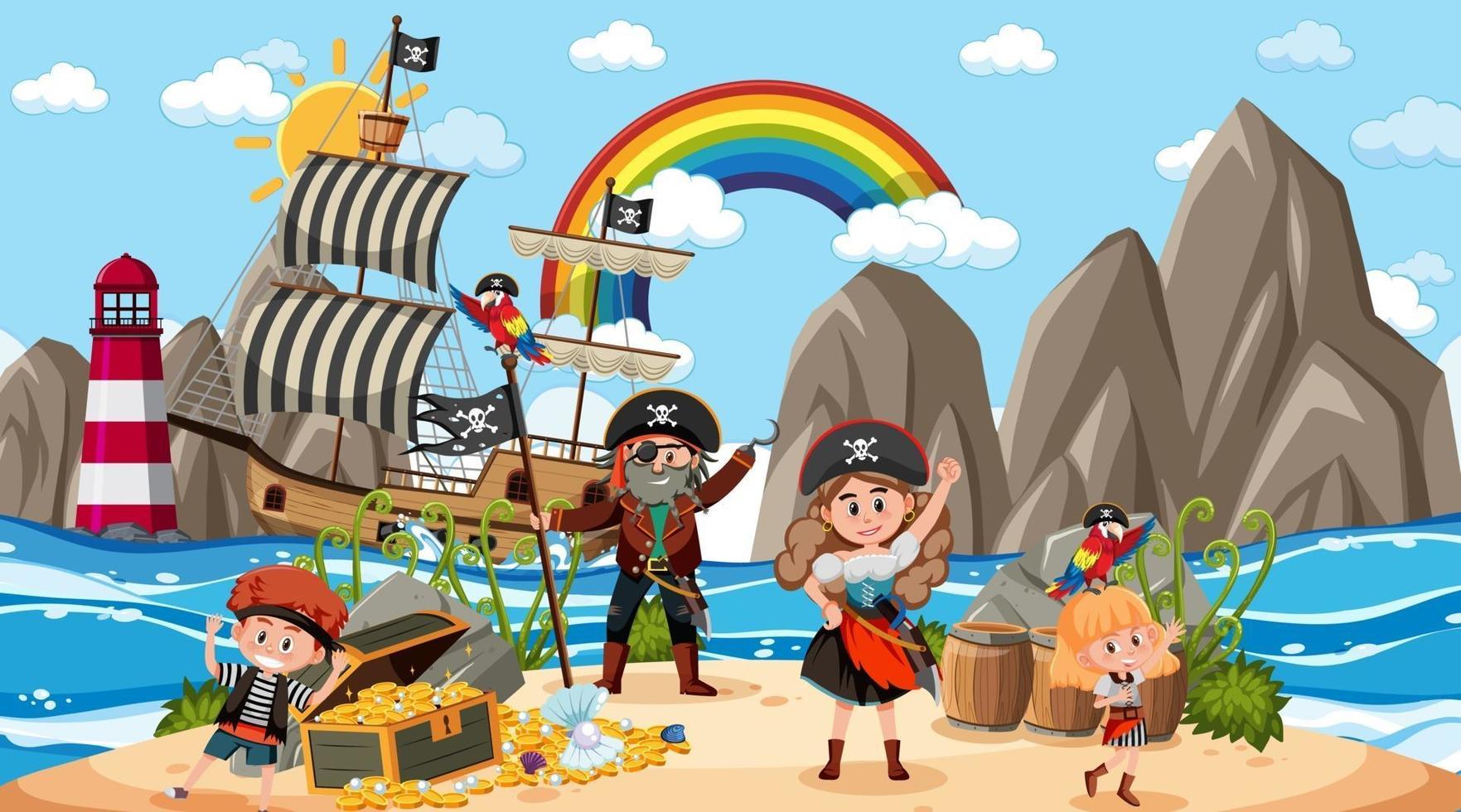 cena da ilha do tesouro durante o dia com crianças piratas vetor