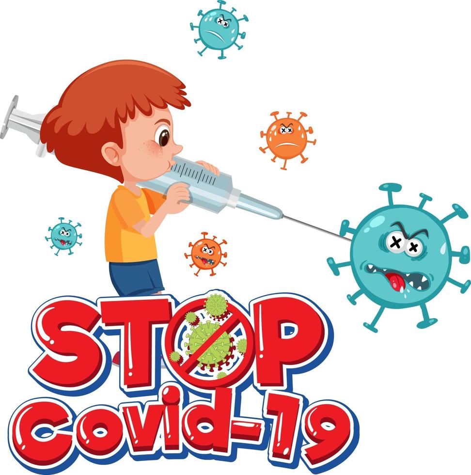 stop logotipo covid-19 ou banner com personagem de desenho animado e sinal covid-19 vetor
