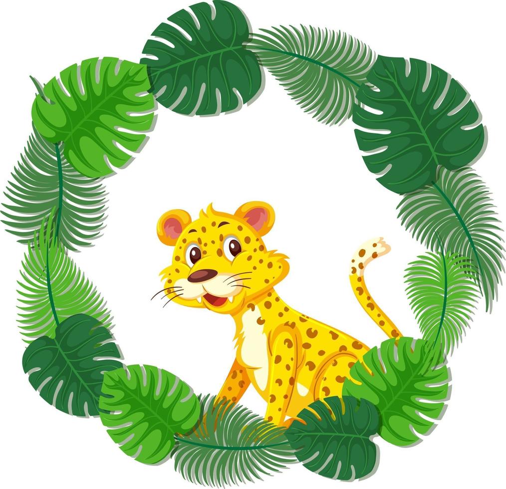 modelo de banner de folhas verdes redondas com um personagem de desenho animado de leopardo vetor