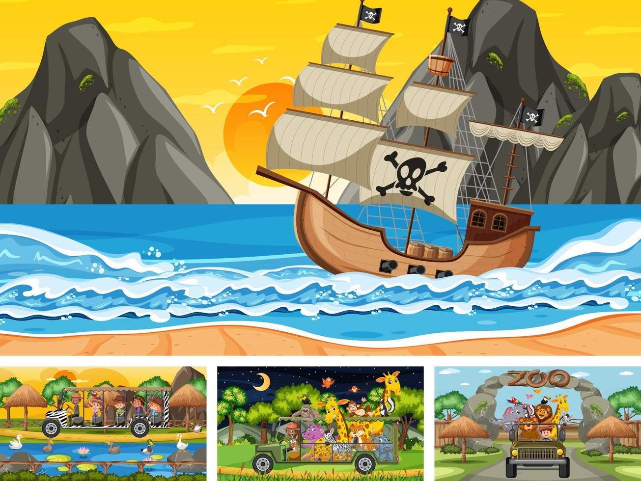 conjunto de cenas diferentes com navio pirata no mar e animais no zoológico vetor