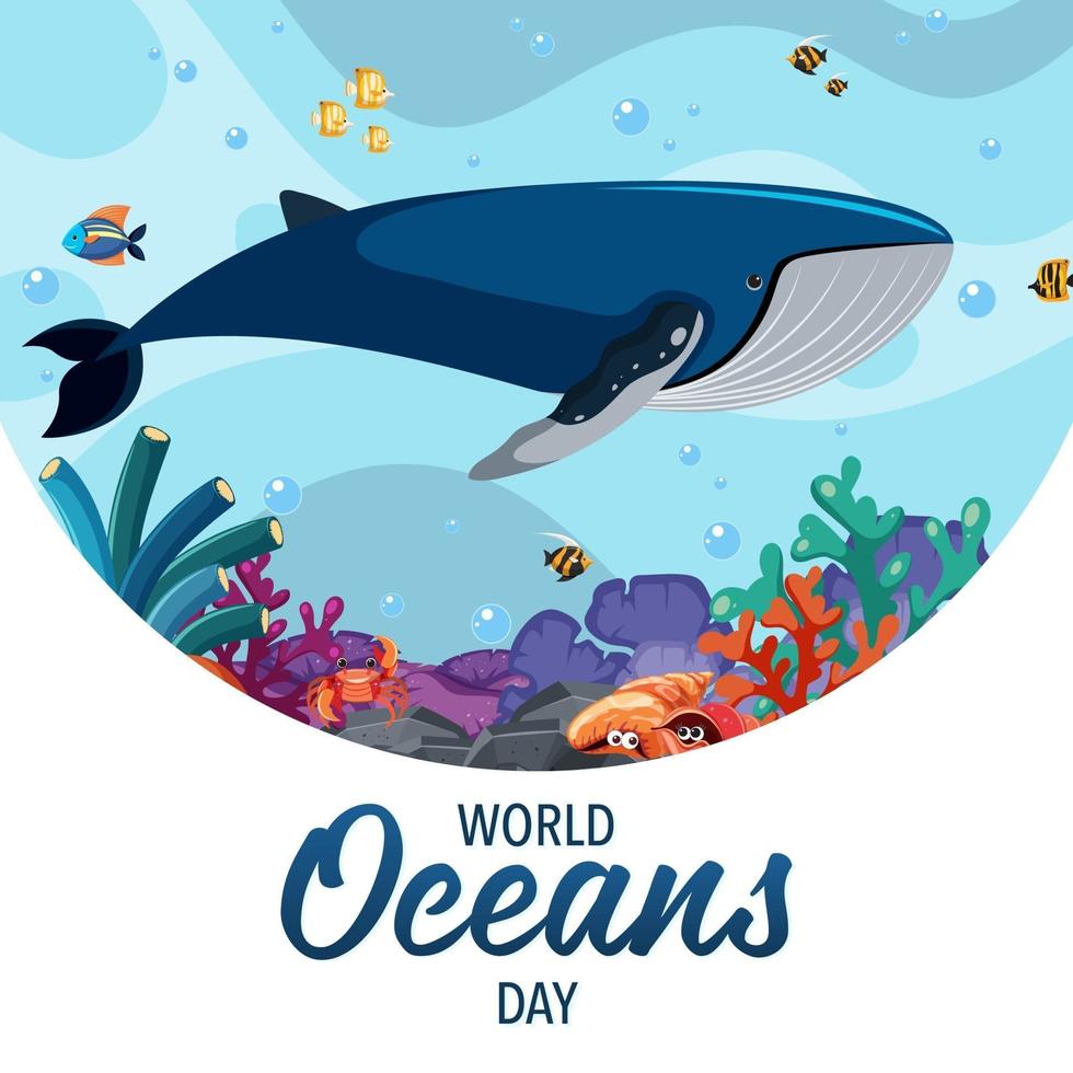 banner do dia mundial do oceano com uma baleia debaixo d'água com outros animais marinhos vetor