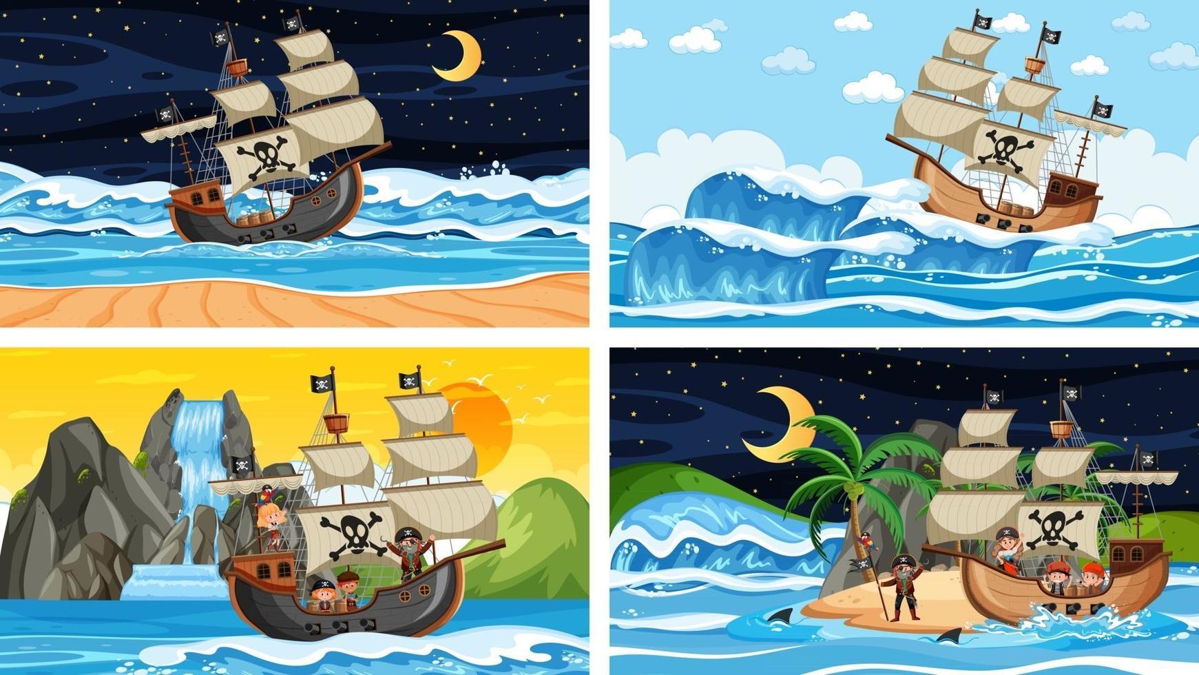 conjunto de diferentes cenas de praia com navio pirata vetor