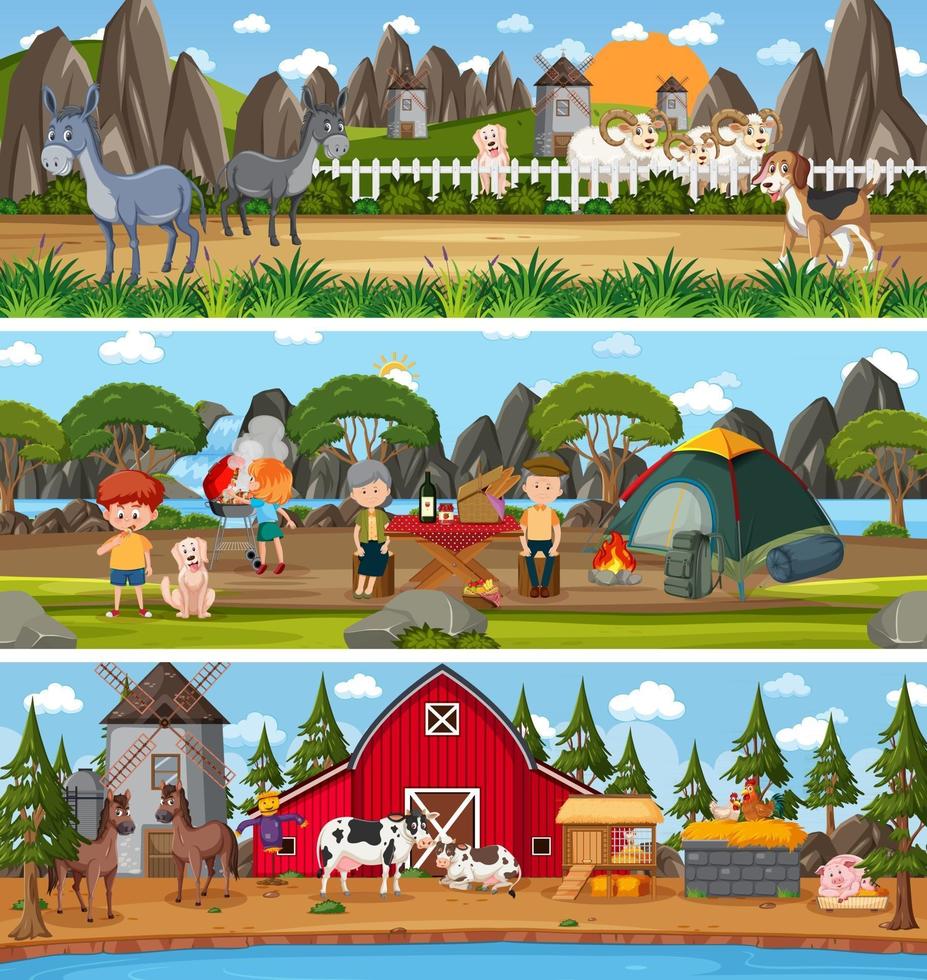 conjunto de diferentes paisagens naturais em cena diurna com personagem de desenho animado vetor