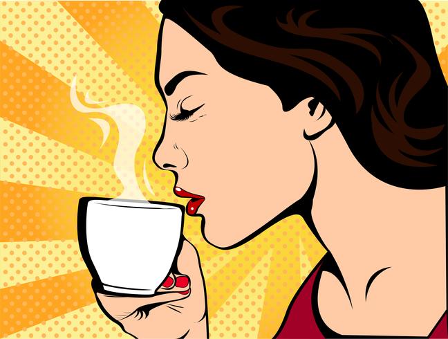 Menina com xícara de café pop art estilo retro. Restaurantes e cafeterias. Uma bebida quente. Coragem amor e carinho. vetor