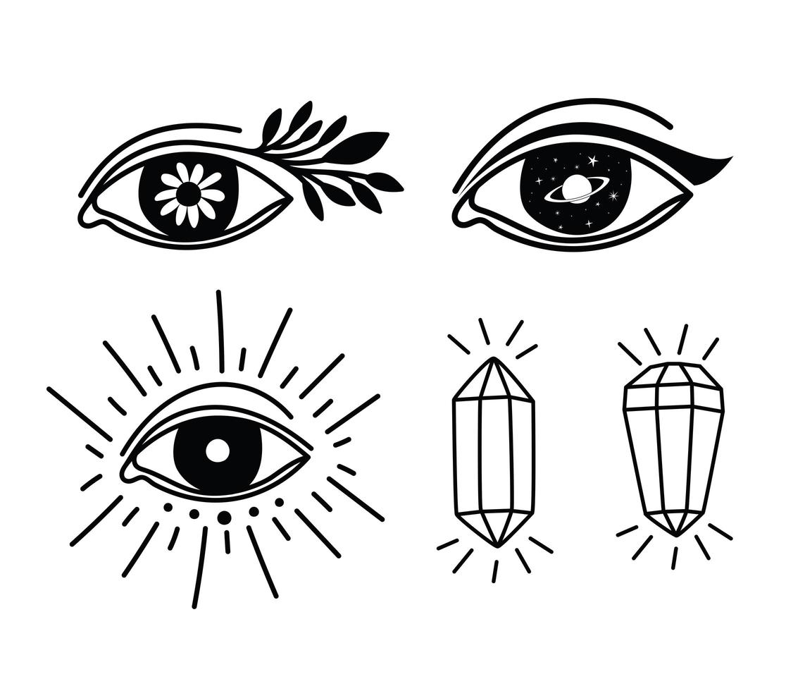 conjunto de tatuagens minimalistas com olhos e diamantes vetor