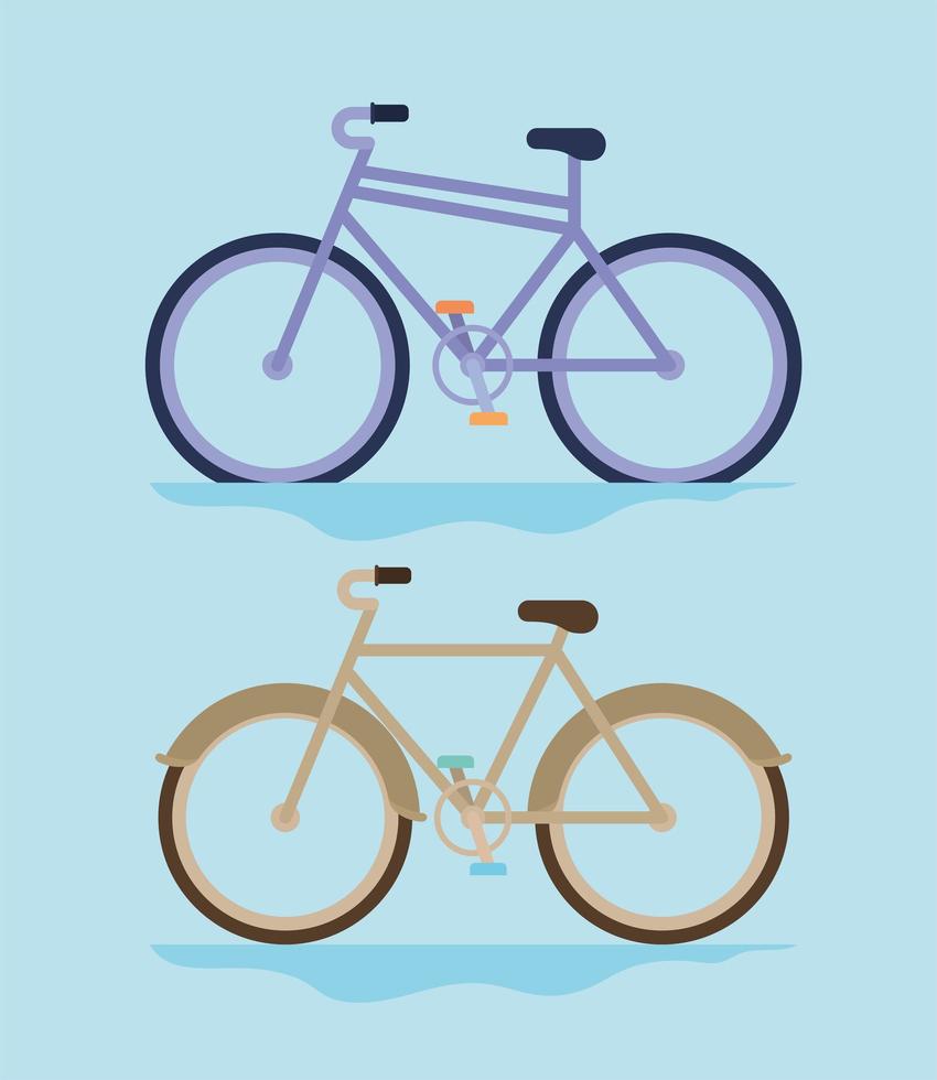 conjunto de duas bicicletas em um fundo azul vetor