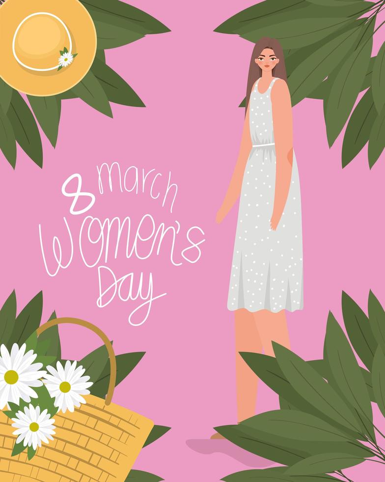 8 de março letras do dia das mulheres e mulher bonita em um vestido cinza vetor