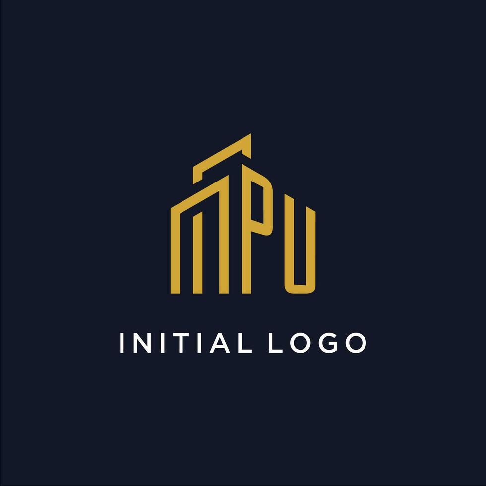 monograma inicial pu com design de logotipo de construção vetor