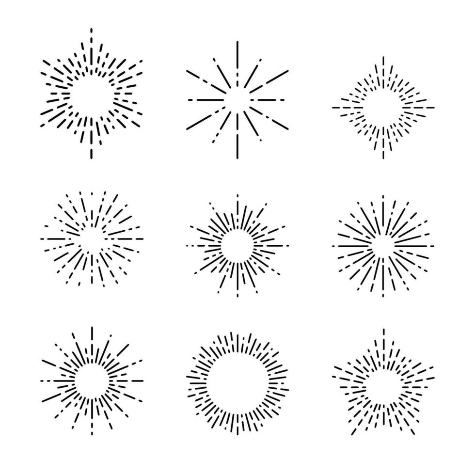 retro reluzente, nascer do sol raios, semi circular reluzente, faísca fogo de artifício starburst Projeto conjunto linha do luz vetor ilustração.