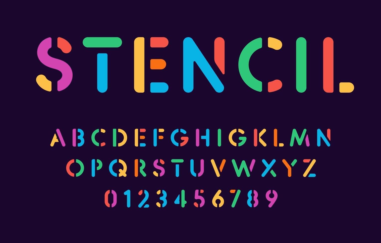letras e números de estêncil de cor definidos em fundo escuro, conceito de alfabeto escolar, tipografia vetorial vetor