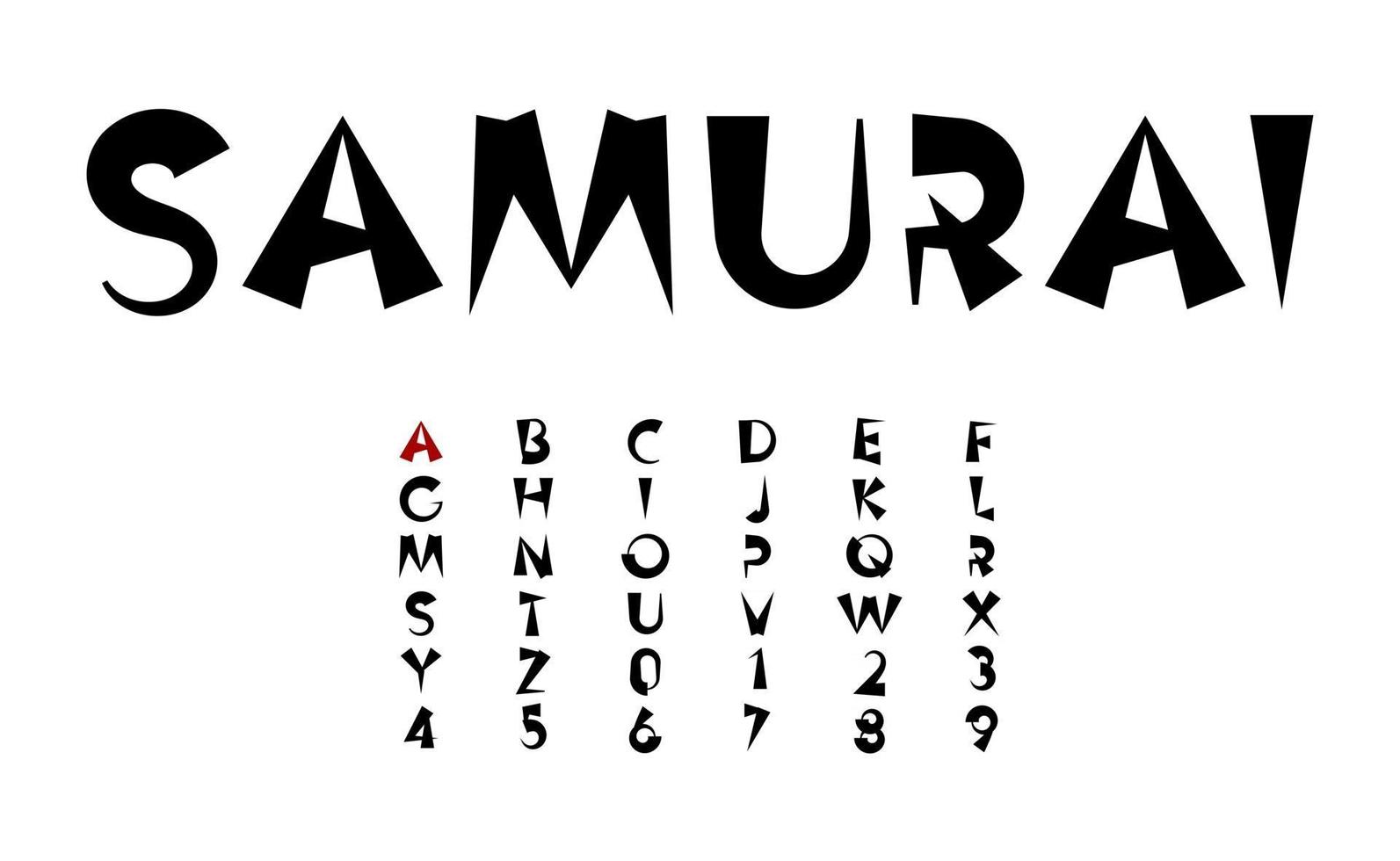 letras de vetor de tinta preta, conceito de fonte em negrito dos desenhos animados em estilo japonês e chinês para manchete, monograma e logotipo asiático. alfabeto samurai e ninja.