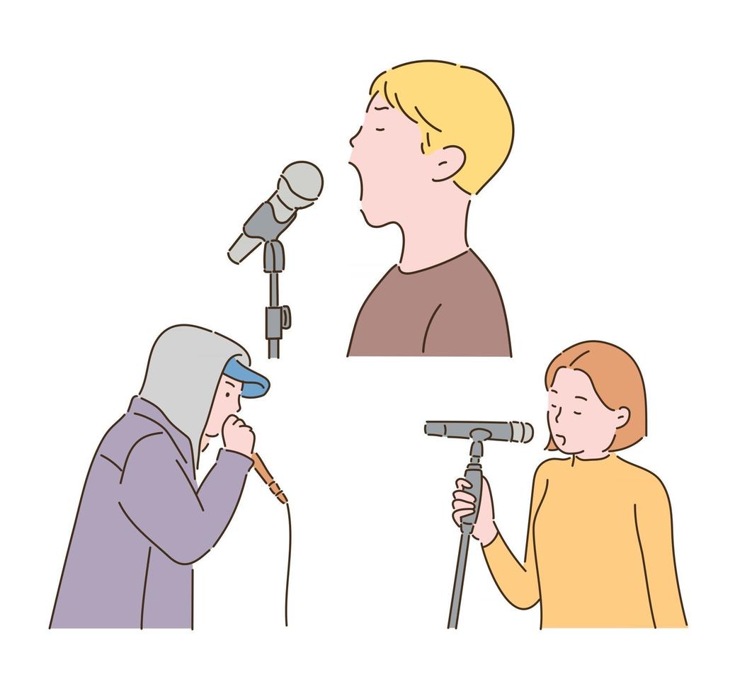 as pessoas estão cantando com microfones. mão desenhada estilo ilustrações vetoriais. vetor