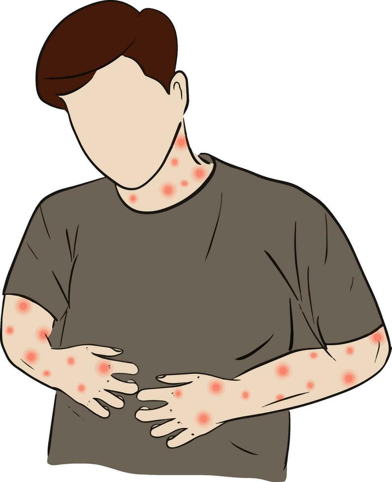 mão desenhado desenho animado ilustração do uma homem com alergias vermelho erupção cutânea comichão vetor
