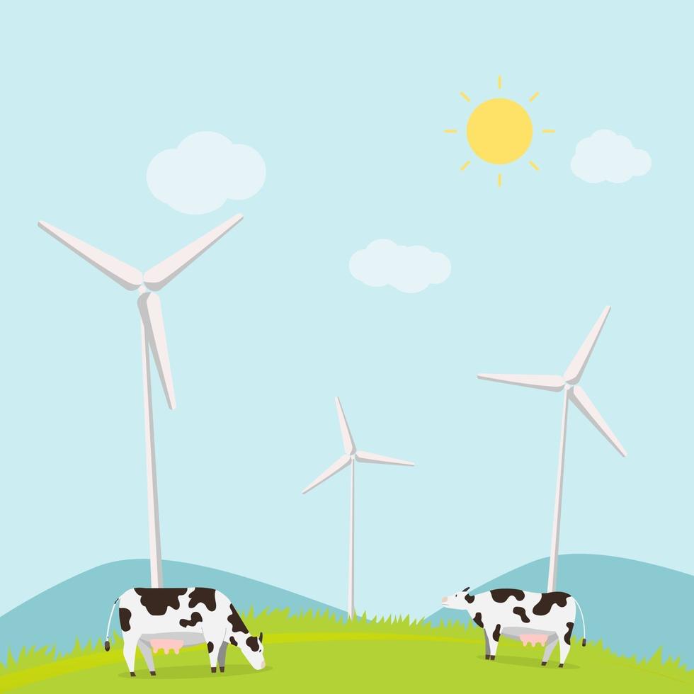 paisagem da natureza com vacas e ilustração vetorial de vento de turbina. Animal com prados e montanhas no verão. Conceito de ecologia de cena rural vetor