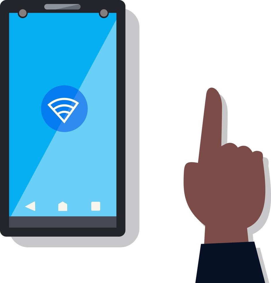 smartphone com ícone de wi-fi e ilustração vetorial de mão. tecnologia conectando-se ao conceito de telefone. dispositivo com mão de toque humano vetor