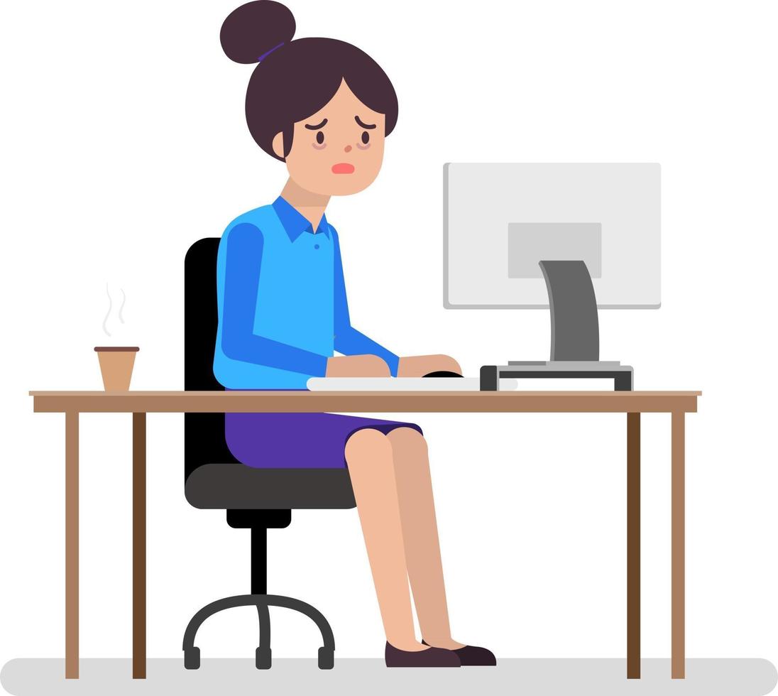 mulher de negócios se sentindo cansada de working.young mulher sofrendo de estresse working.cartoon mulher de negócios trabalhando no laptop em sua mesa de escritório. ilustração em vetor