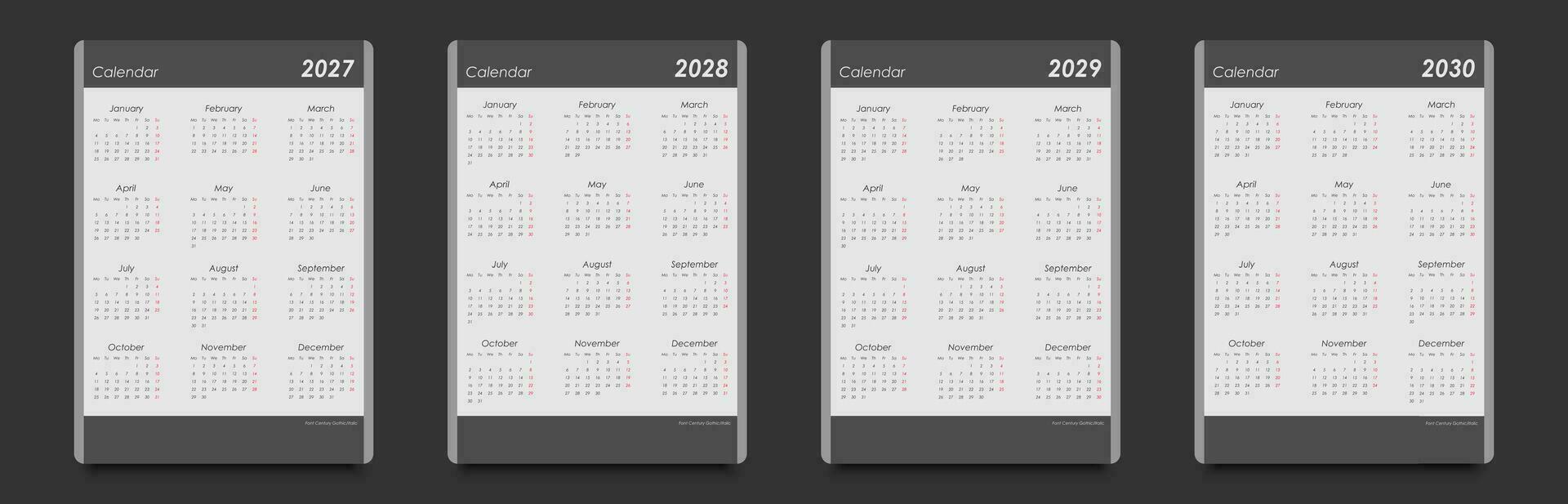 calendários para 2027, 2028, 2029, 2030. semana começa em segunda-feira, vertical arranjo, Preto e branco. vetor