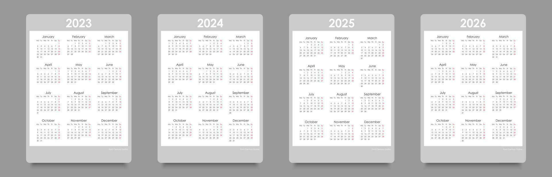 calendário conjunto para 2023, 2024, 2025, 2026. semana começa em segunda-feira, retrato orientação, Preto e branco, Inglês vetor