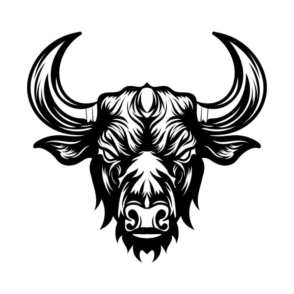 desenhando arte búfalo cabeça ícone isolado em branco fundo. Projeto elemento para tatuagens, poster, camiseta, emblema, placa vetor